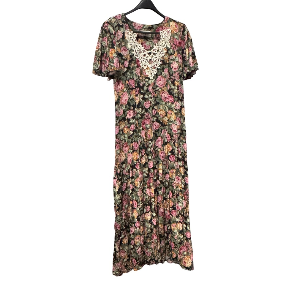 Vintage Jessica Collection Floral Maxi Dress Lace Trim Corset Back 90s Rayon 12